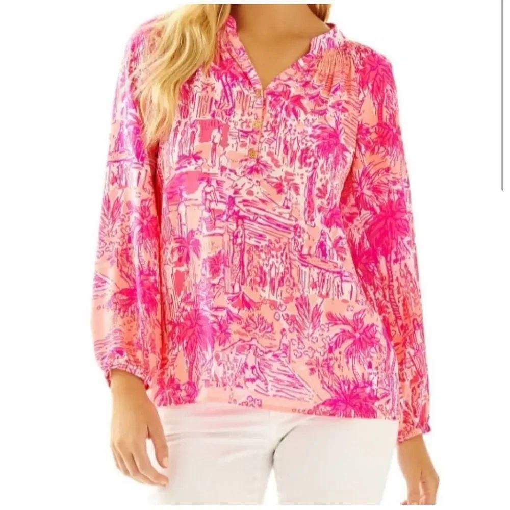 Lilly Pulitzer Elsa Silk Top in Beach Street Whales Print Size XS